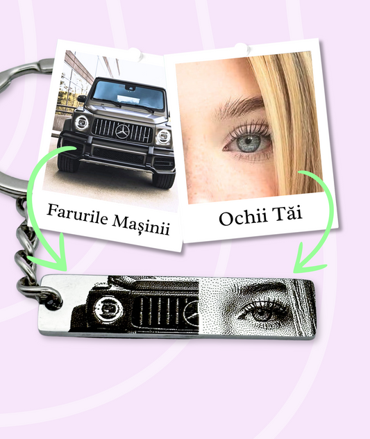 Breloc cu Ochii Mașinii & Ai Tăi™ - Personalizat și Fotogravat în Oțel