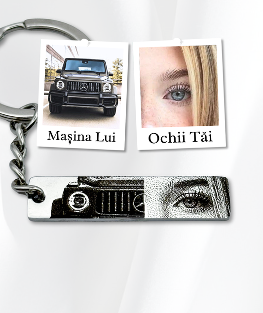 Breloc cu Ochii Mașinii & Ai Tăi™ - Personalizat și Fotogravat în Oțel